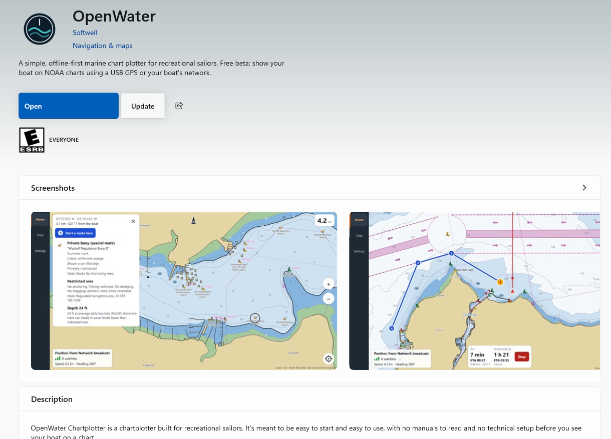OpenWater’s page in the Microsoft Store, with the Open and Update buttons, the description and the first screenshots